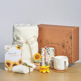 GivLovely Thinking of You packaging is ready for gifting with sunflower style.