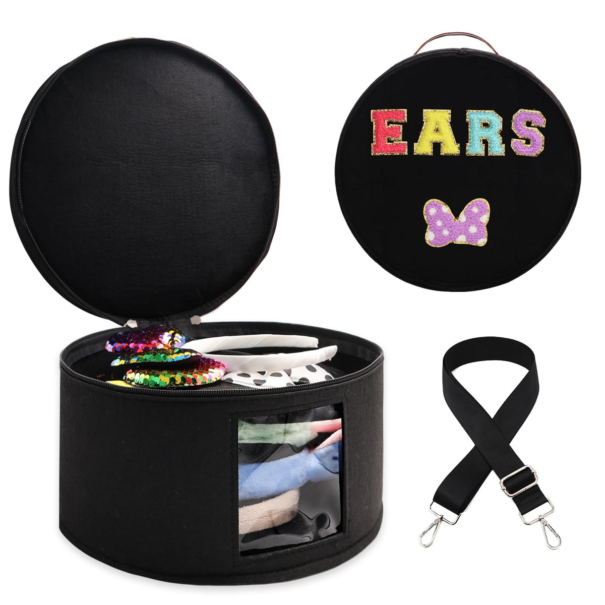 Gjulrfu chenille headband mouse ears travel case front view for easy access.