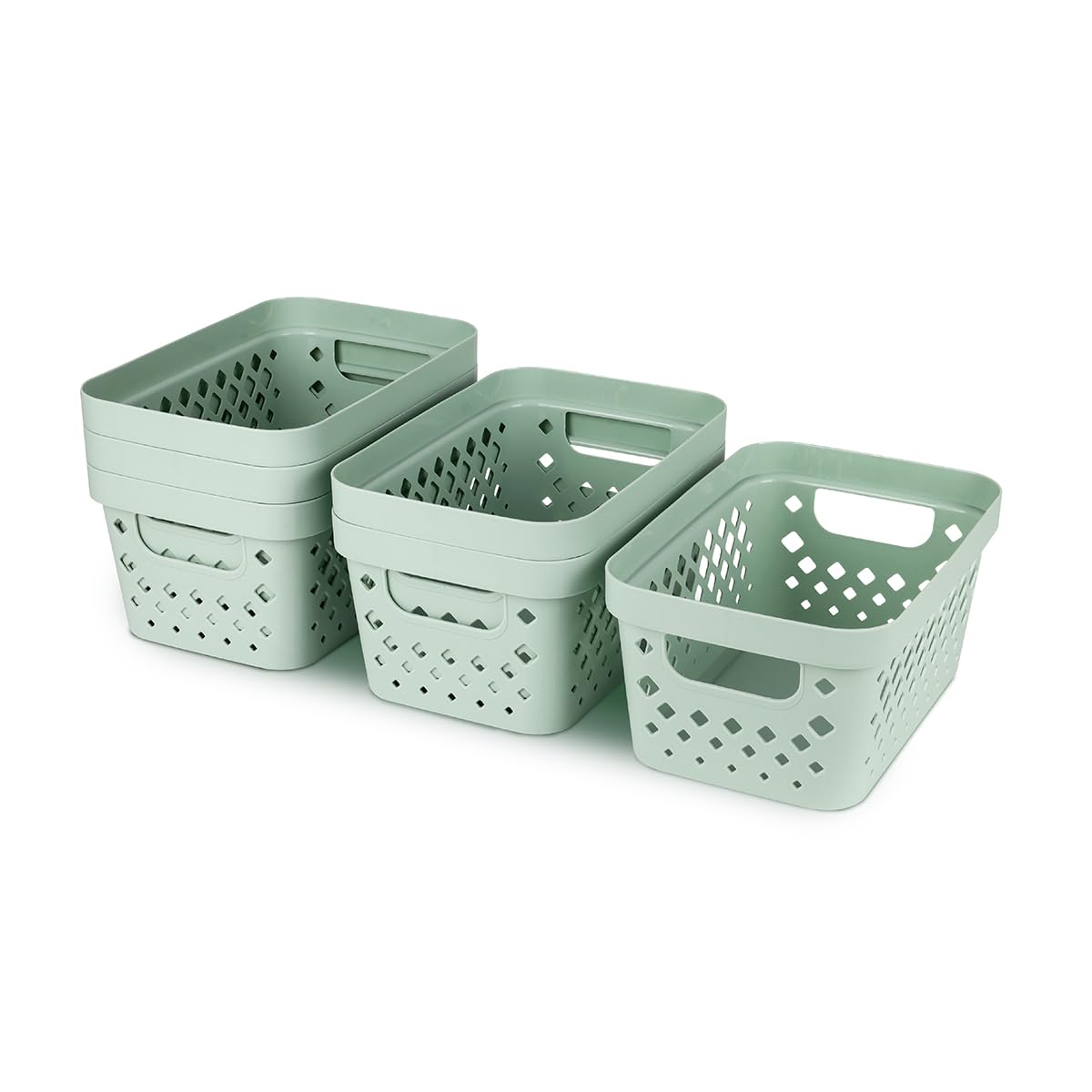 Glad Sage baskets in bathroom/linen closet holding towels and toiletries