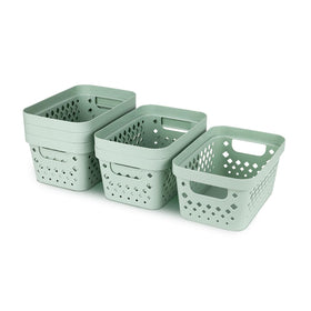 Glad Sage baskets in bathroom/linen closet holding towels and toiletries