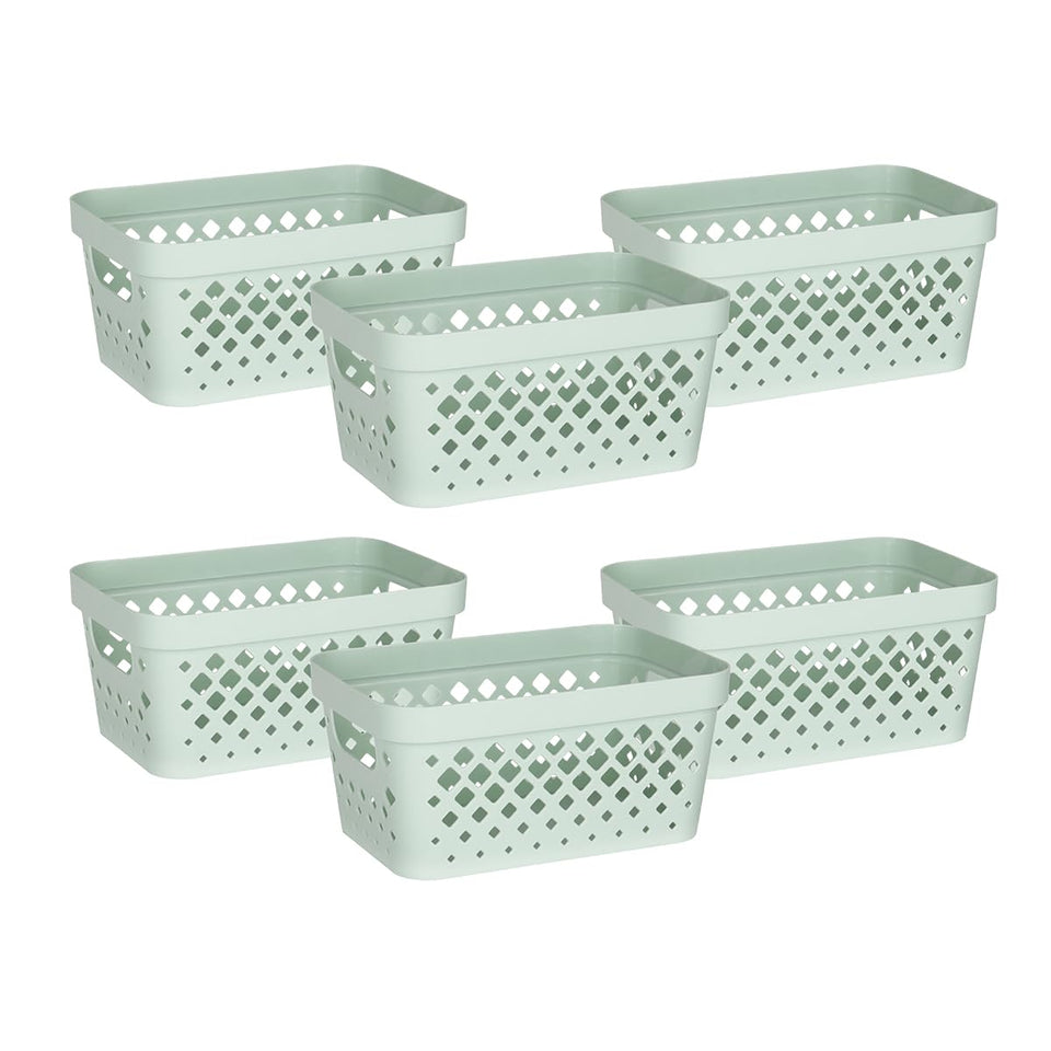 Glad Sage baskets stacked on a pantry shelf for organized storage