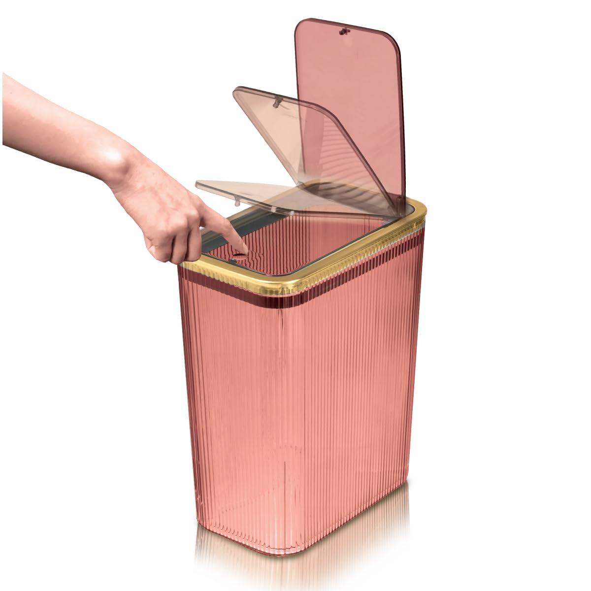 Glad slim clear trash bin with ribbed texture for durability and moisture resistance.