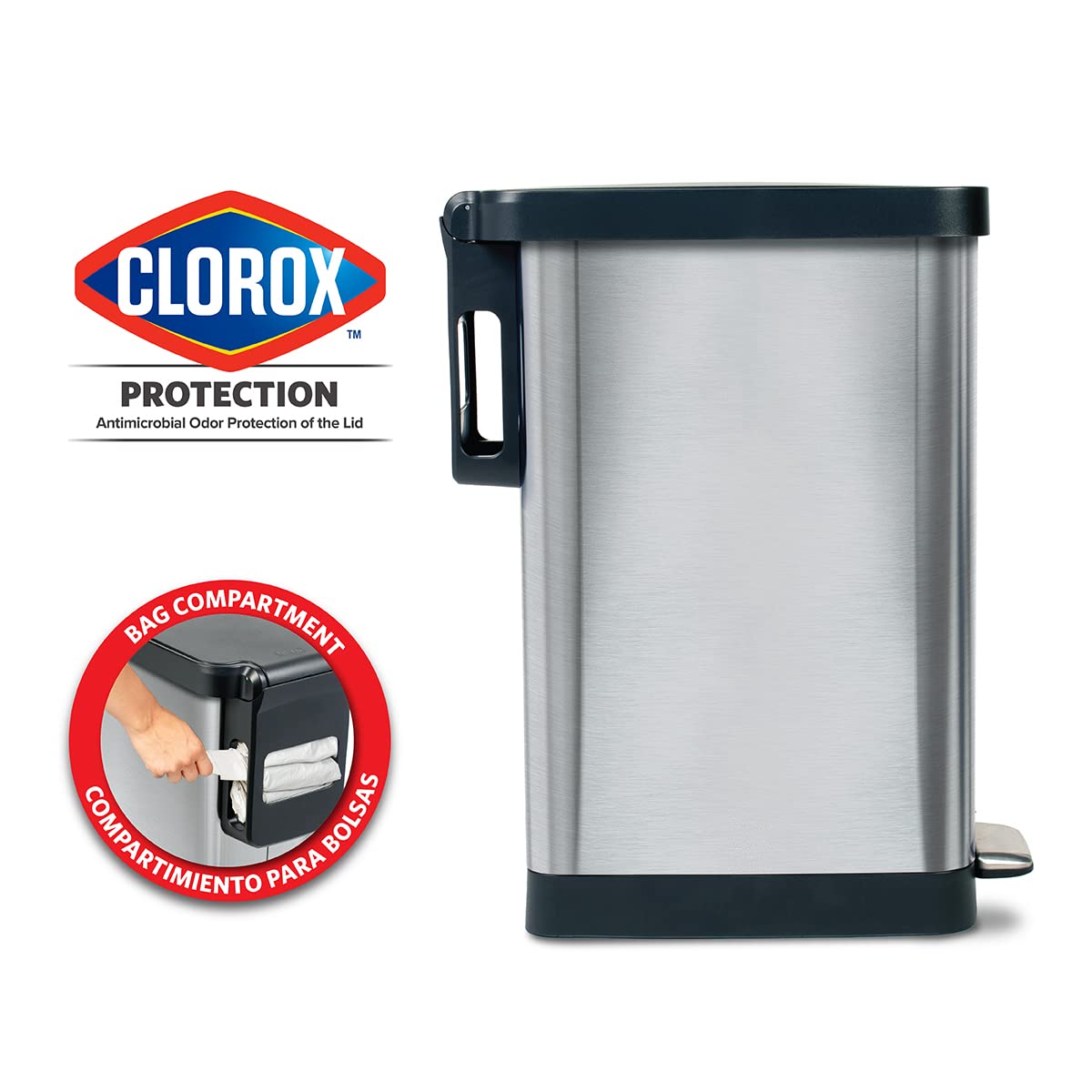 Glad Slim Trash Can stainless steel finish resists fingerprints and looks sleek.