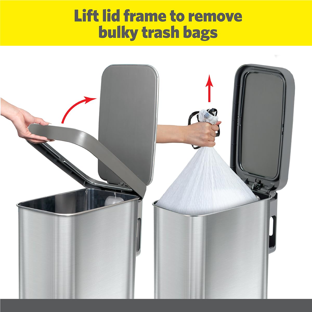 Glad Slim Trash Can features a step-on pedal for hands-free operation.
