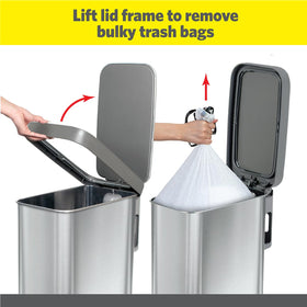 Glad Slim Trash Can features a step-on pedal for hands-free operation.