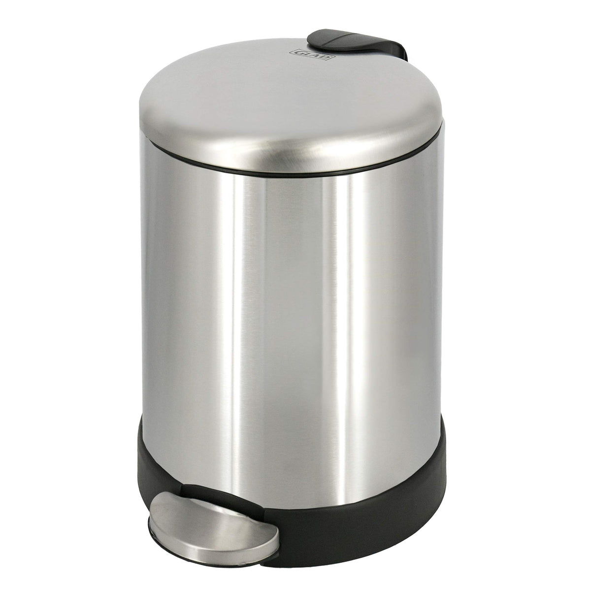 Glad small trash can with round brushed stainless steel finish, ideal for compact spaces.