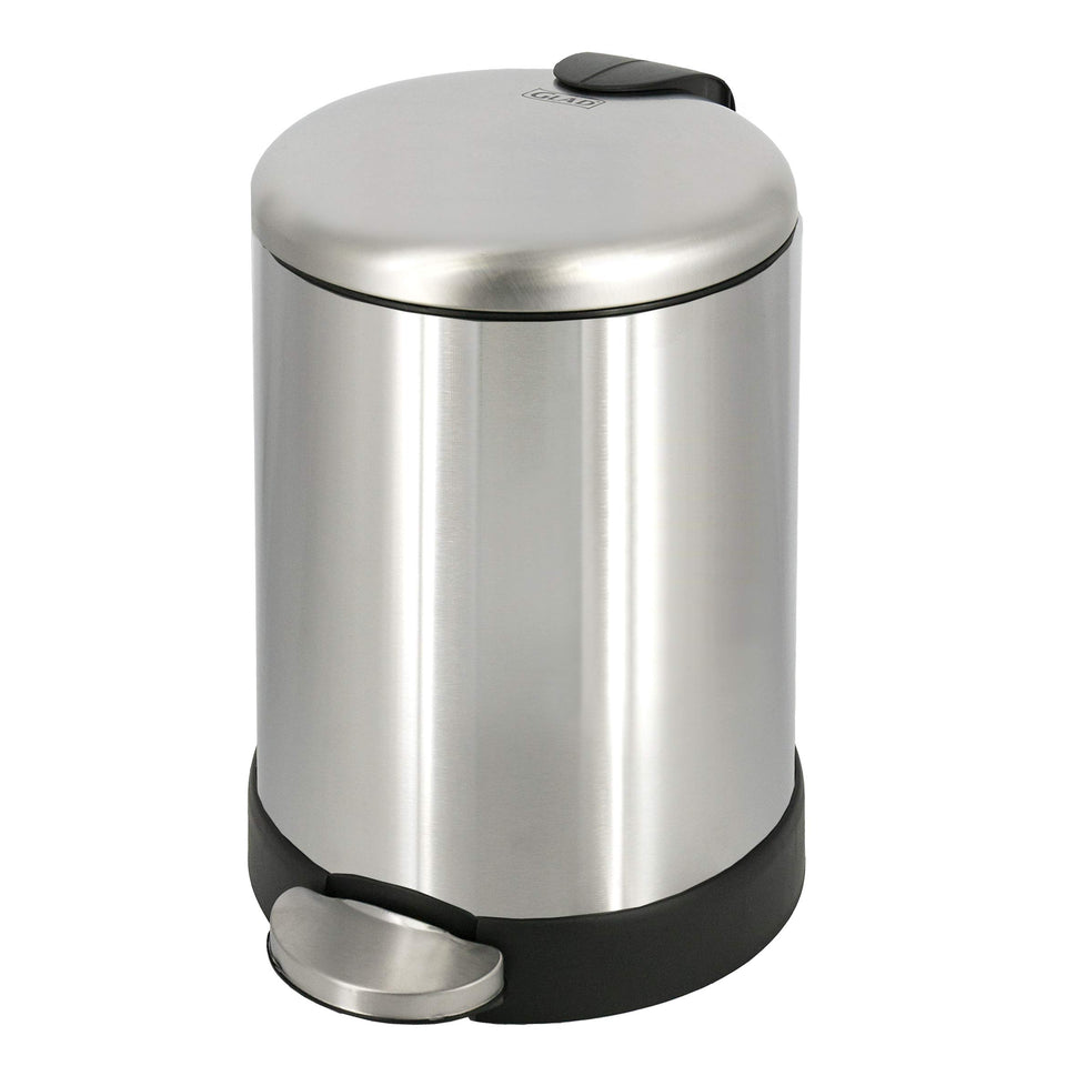 Glad small trash can with round brushed stainless steel finish, ideal for compact spaces.