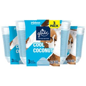 Glade Cool Coconut 3-Wick Candle front view promotes relaxing ambiance.