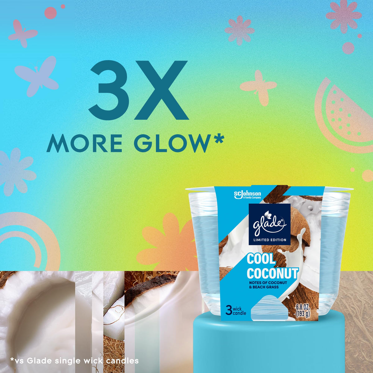 Glade Cool Coconut 3-Wick Candle pack-shot evokes tropical mood.
