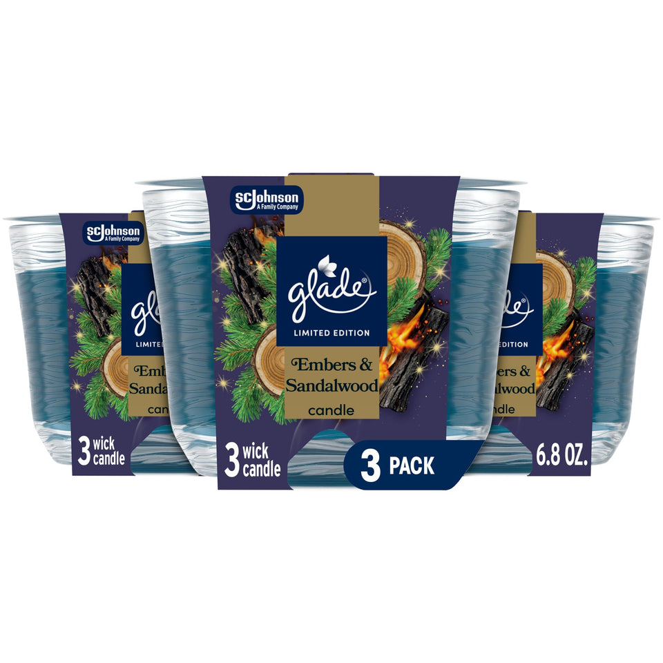 Glade Embers & Sandalwood jar candle creates inviting warmth in any room.