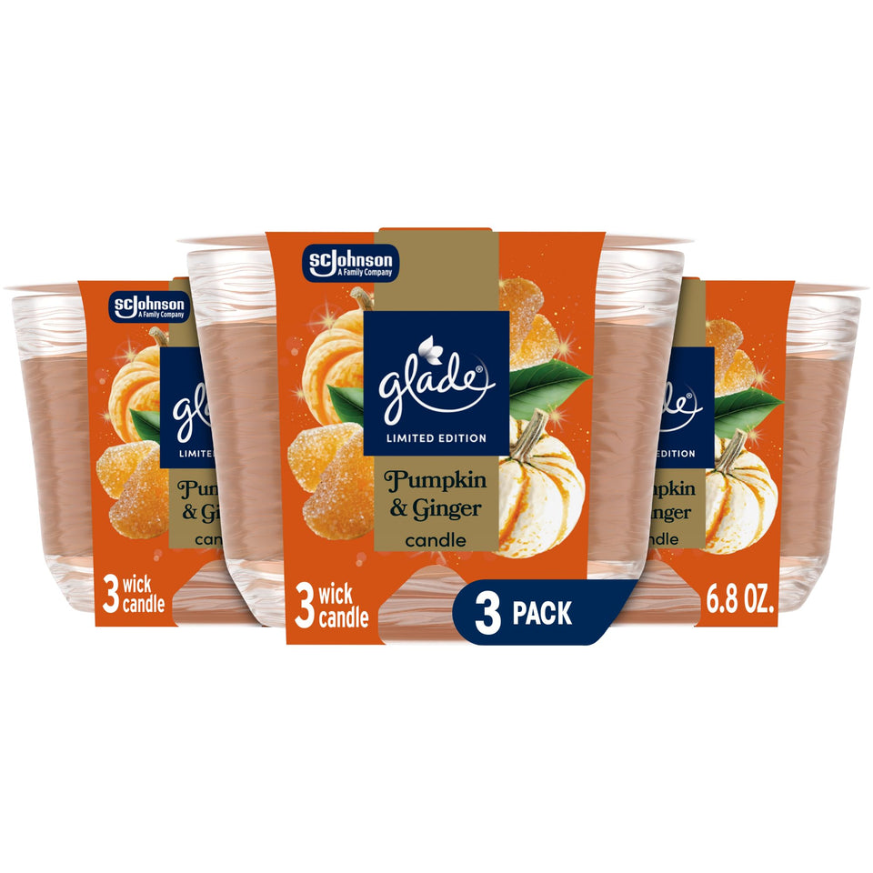 Glade Pumpkin & Ginger 3-Wick Jar Candle emits a warm glow and inviting aroma.