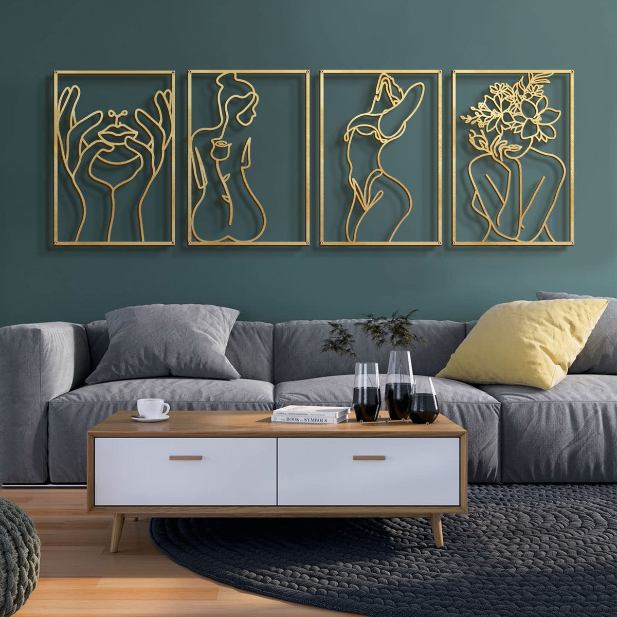 Glamativity gold wall art four-pack for a contemporary living space.