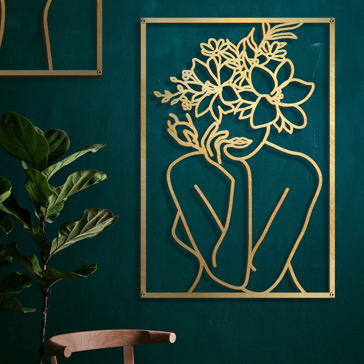 Glamativity gold abstract woman line wall art enhances a minimalist bedroom.