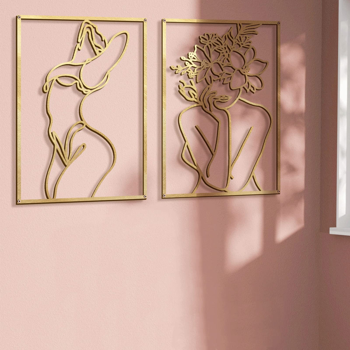 Glamativity bedroom setup with gold wall art for calm elegance.