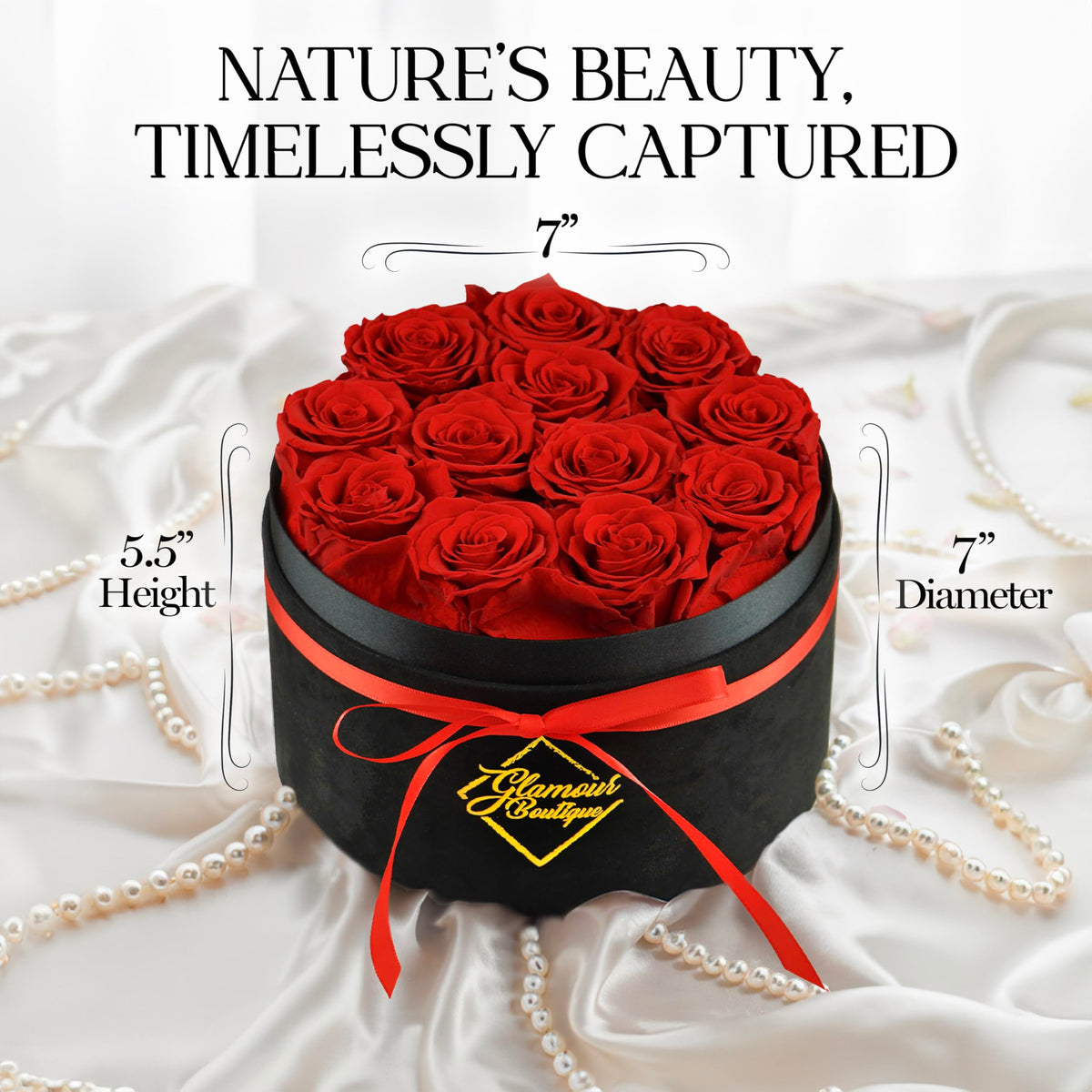 GLAMOUR BOUTIQUE preserved roses offer year-round decor for anniversaries.