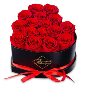 GLAMOUR BOUTIQUE 16-flower forever heart box closeup, a timeless centerpiece for any room