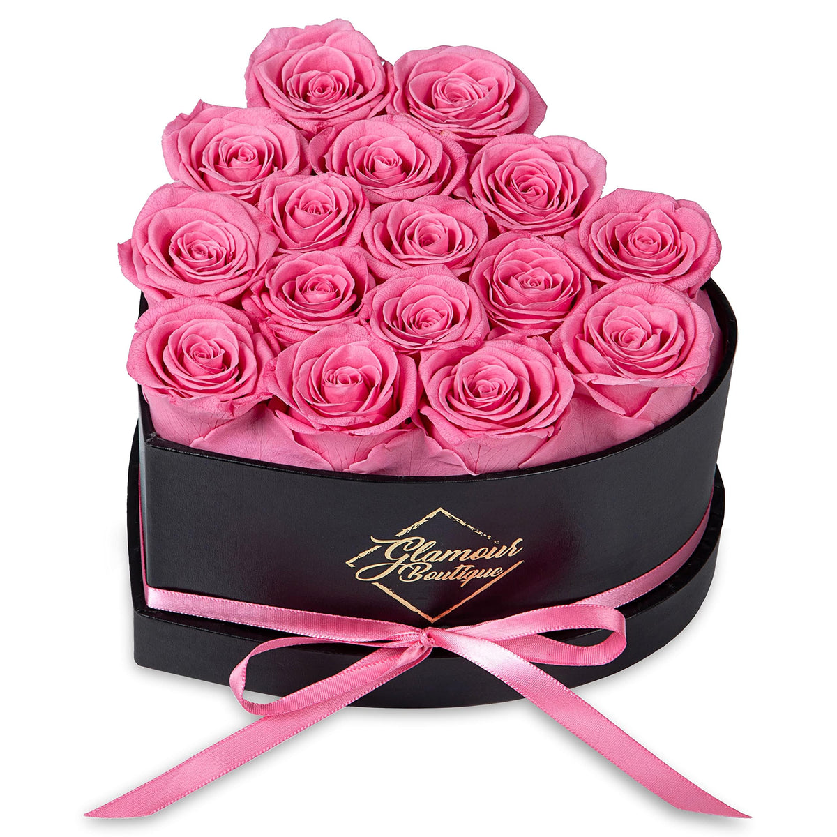 GLAMOUR BOUTIQUE 16-flower heart box pink preserved roses lasting decor