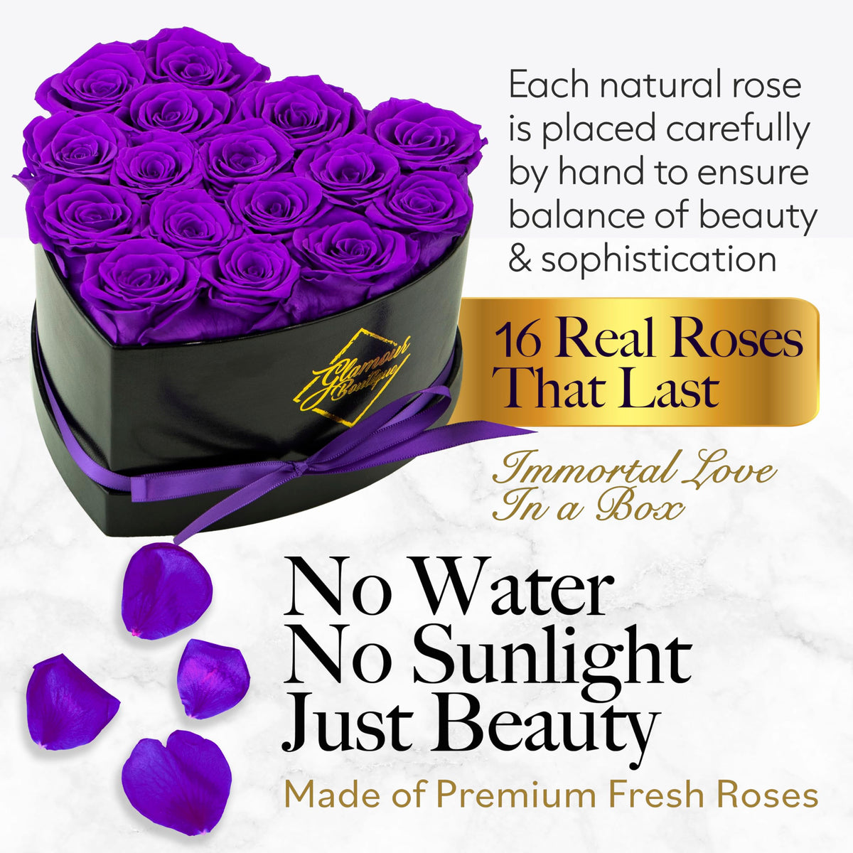 GLAMOUR BOUTIQUE heart box purple box front, elegant gift presentation.