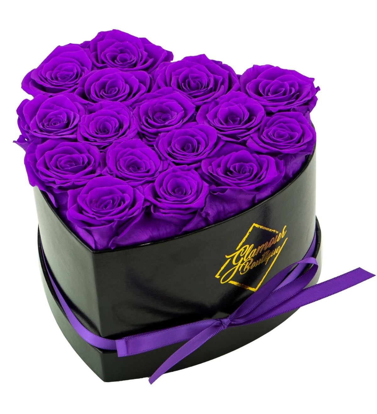 GLAMOUR BOUTIQUE 16-Flower Forever Heart Box purple petals close, lasting beauty.