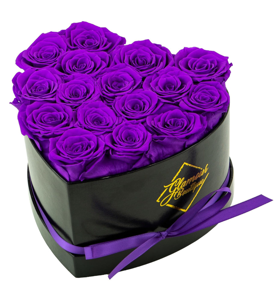GLAMOUR BOUTIQUE 16-Flower Forever Heart Box purple petals close, lasting beauty.