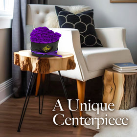 GLAMOUR BOUTIQUE 16-Flower Forever Heart Box purple rose bouquet, sophisticated decor.