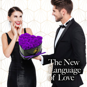 GLAMOUR BOUTIQUE purple roses detail, preserved bouquet with long-lasting charm.