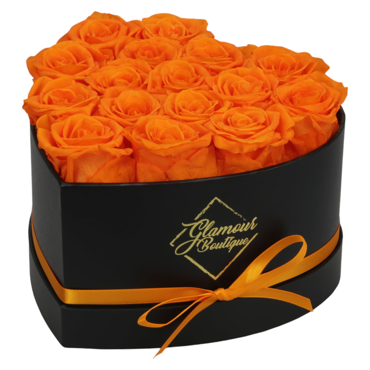 GLAMOUR BOUTIQUE 16-rose Forever Heart Box close-up; vibrant orange preserved roses centerpiece.