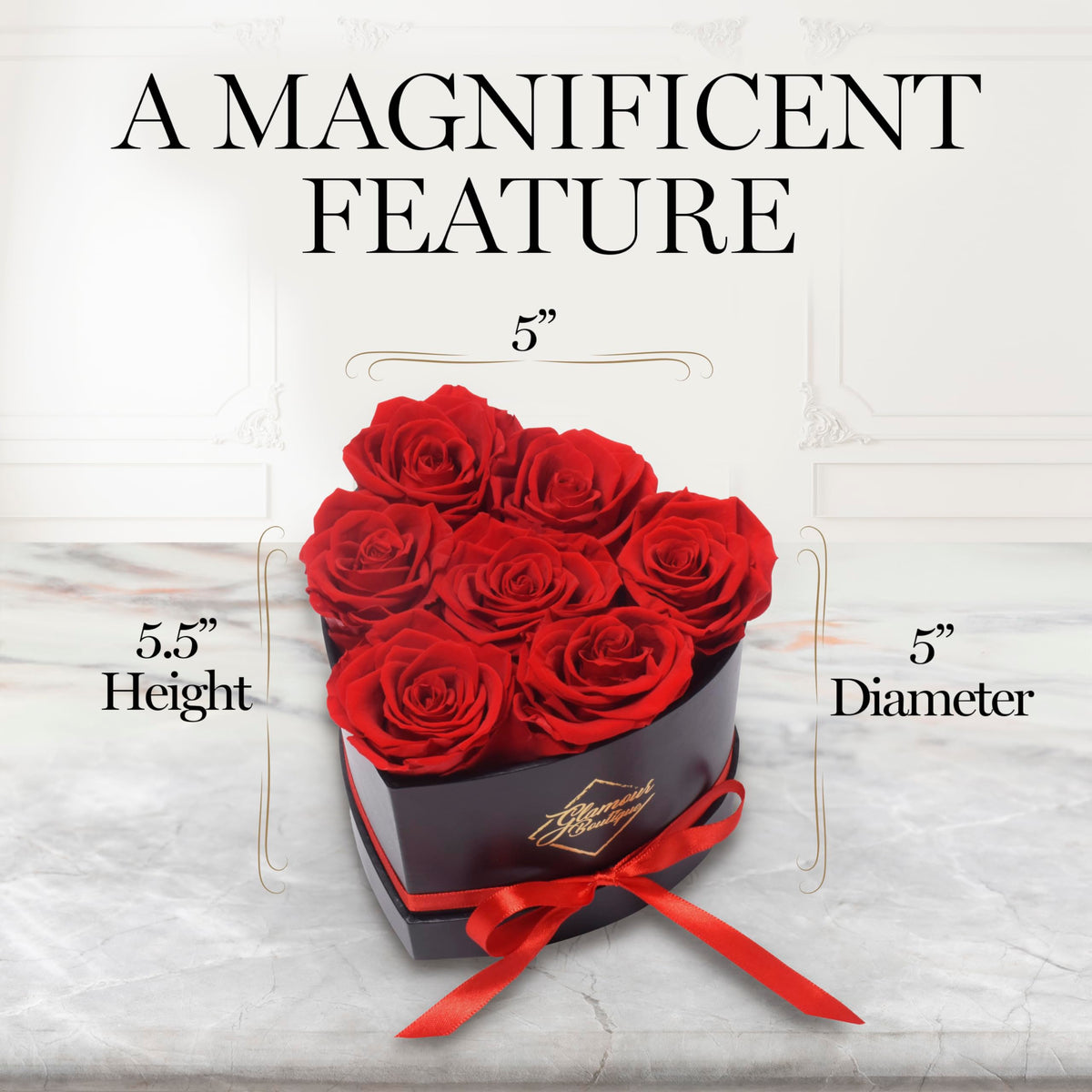 GLAMOUR BOUTIQUE 16-rose heart box arrangement offers lush center decor