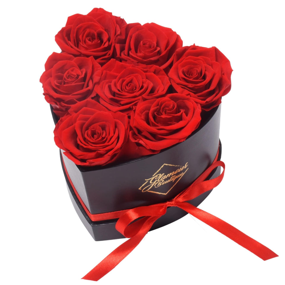 GLAMOUR BOUTIQUE 7-rose heart box closeup shows preserved blooms for long-lasting decor