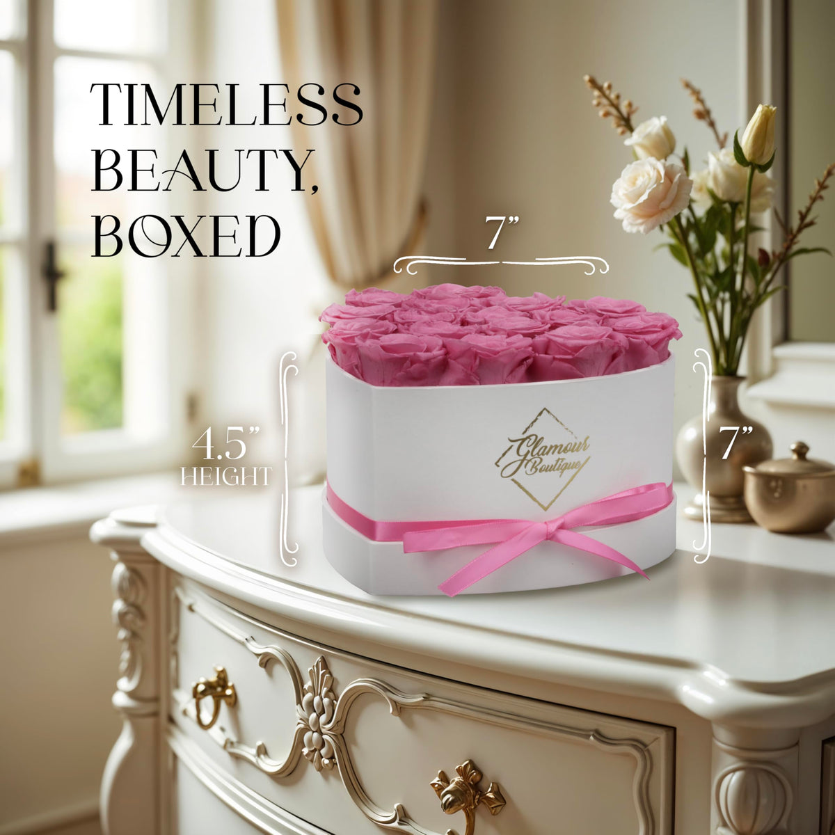 Bedroom decor featuring Glamour Boutique preserved roses for lasting charm.
