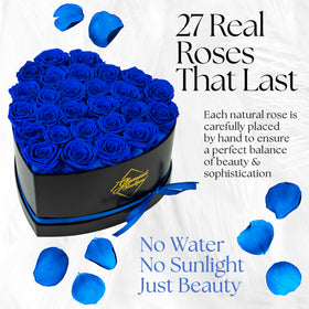 GLAMOUR BOUTIQUE blue heart box close-up with preserved roses ideal for gifting.