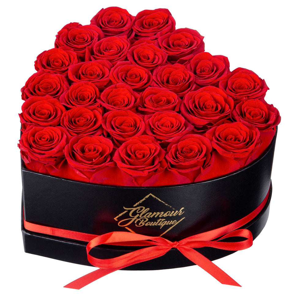 GLAMOUR BOUTIQUE heart box 27-flowers, front view, a timeless gift for cherished moments.