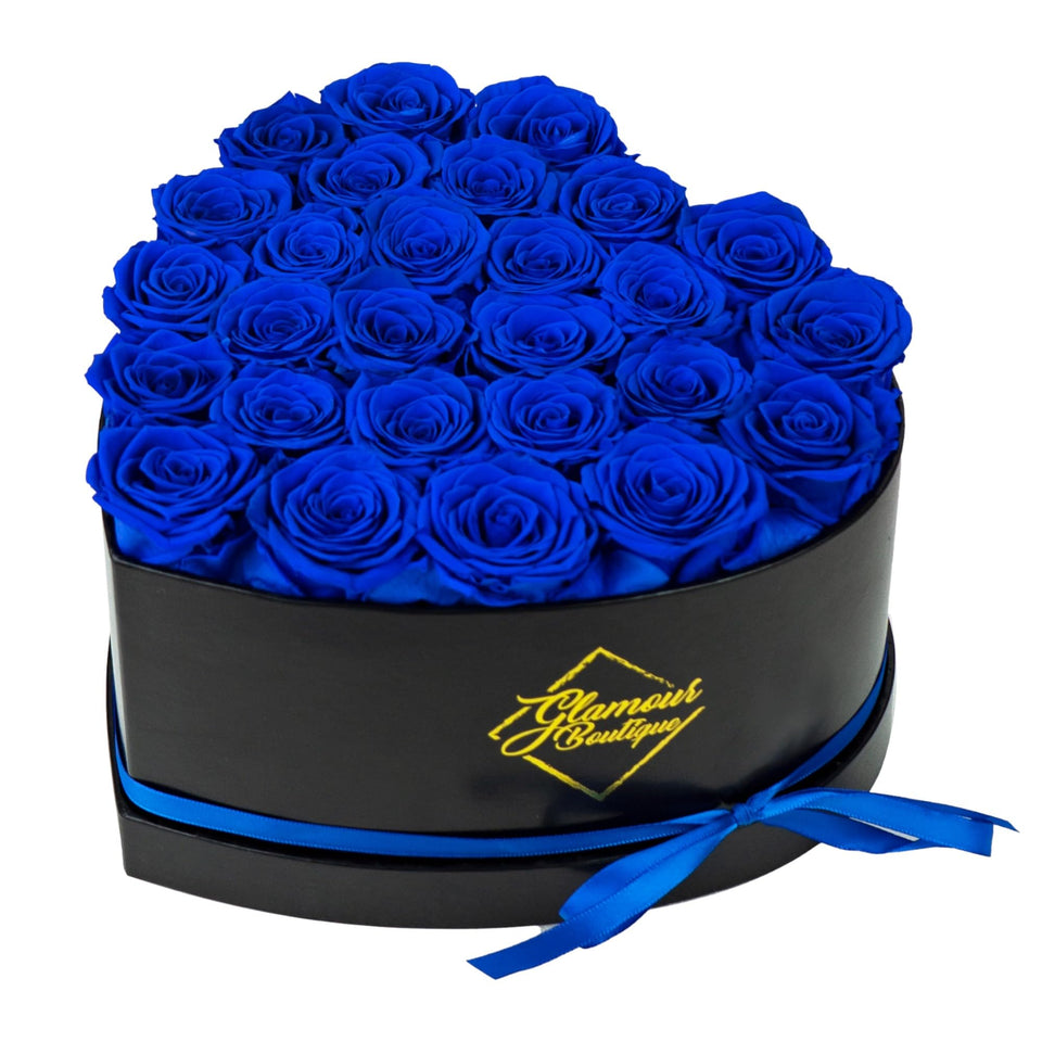 GLAMOUR BOUTIQUE 27-rose blue heart box close-up shows long-lasting preserved roses.
