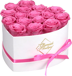 Glamour Boutique preserved roses in a pink heart box for elegant gifting.
