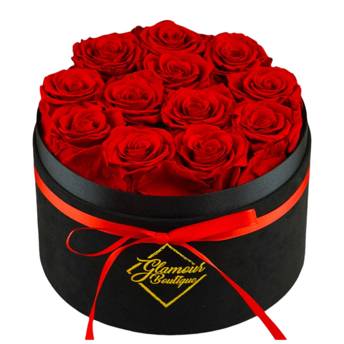 GLAMOUR BOUTIQUE preserved roses in Velvet Black box create a lasting romantic keepsake.