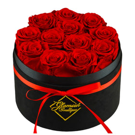 GLAMOUR BOUTIQUE preserved roses in Velvet Black box create a lasting romantic keepsake.