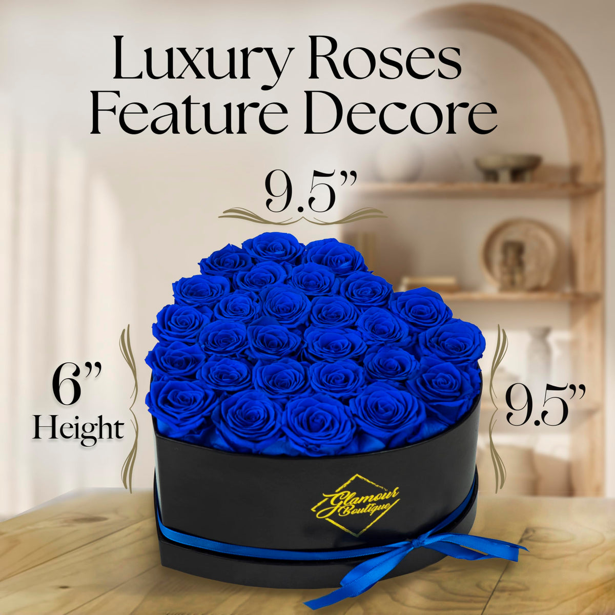 GLAMOUR BOUTIQUE blue preserved roses require no water or sun.