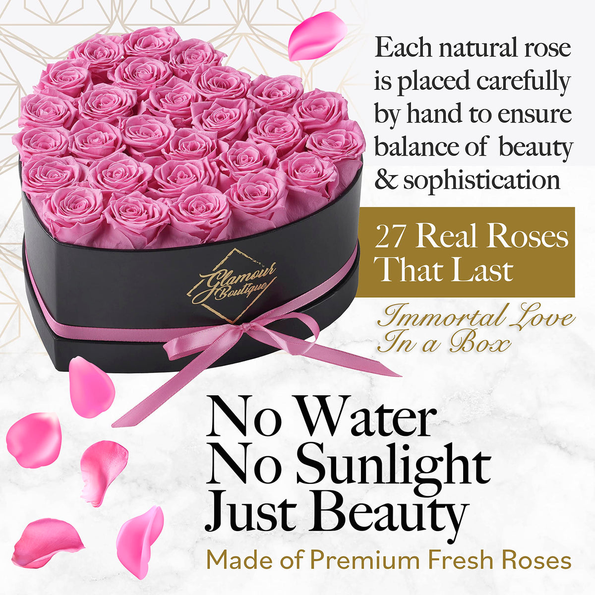 GLAMOUR BOUTIQUE preserved roses closeup highlights enduring beauty.