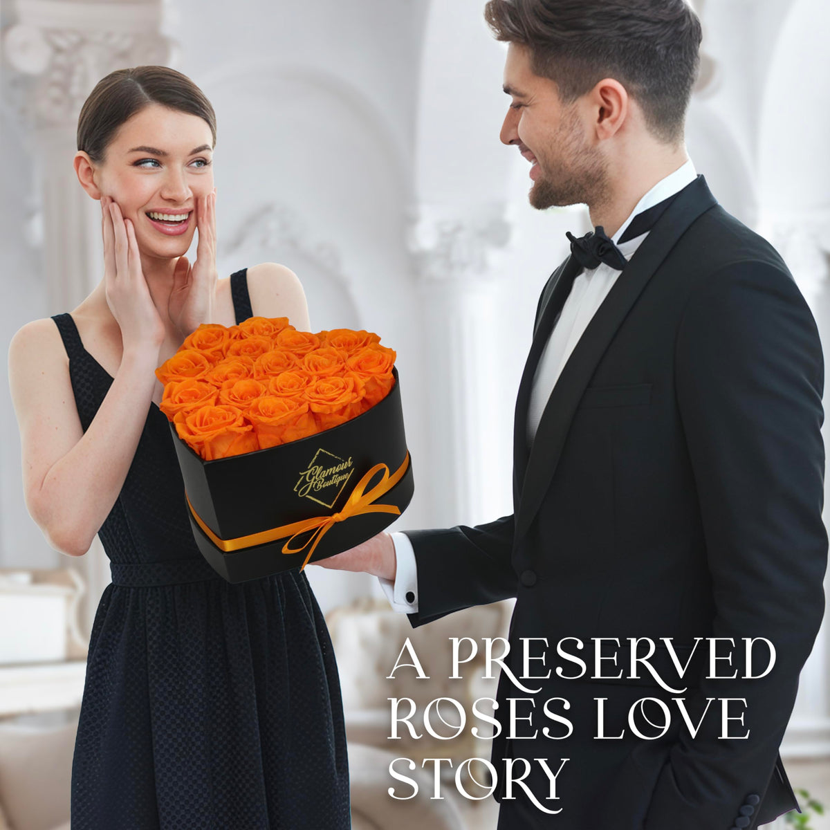 GLAMOUR BOUTIQUE preserved roses long-lasting display in orange color.