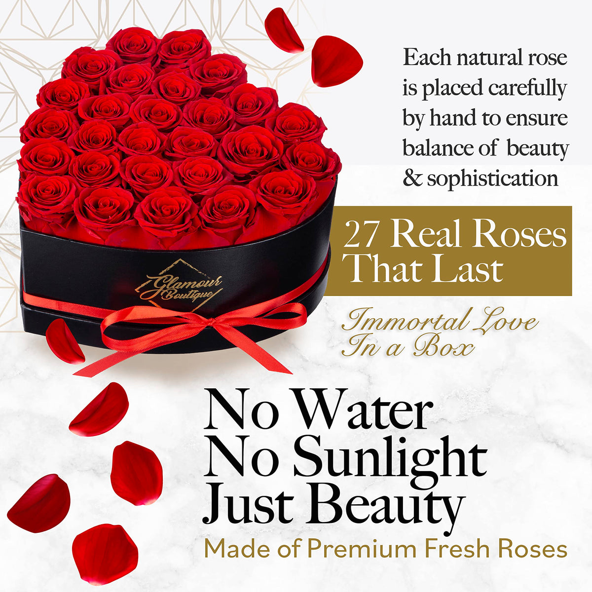 GLAMOUR BOUTIQUE preserved roses red closeup reveals vibrant, long-lasting petals.