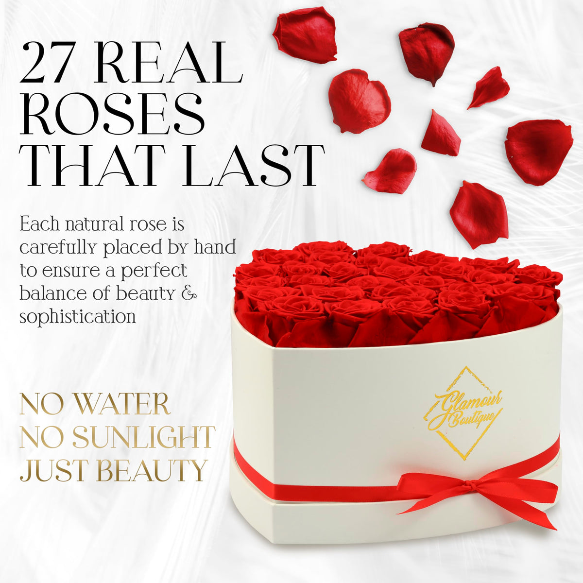 GLAMOUR BOUTIQUE preserved blue roses in white heart box as a lasting centerpiece