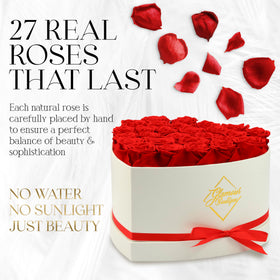 GLAMOUR BOUTIQUE preserved blue roses in white heart box as a lasting centerpiece
