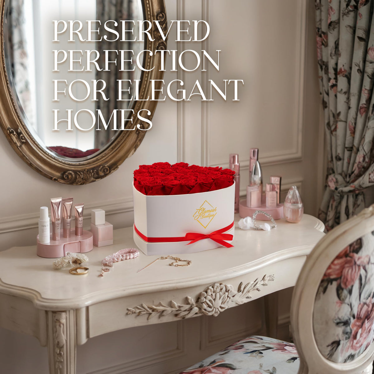 GLAMOUR BOUTIQUE blue preserved roses in white heart box suggesting stylish longevity