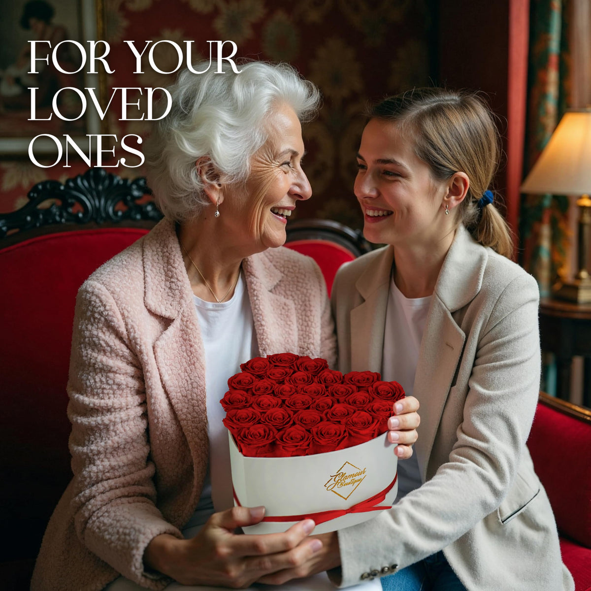 GLAMOUR BOUTIQUE red preserved roses in white heart box for years of charm