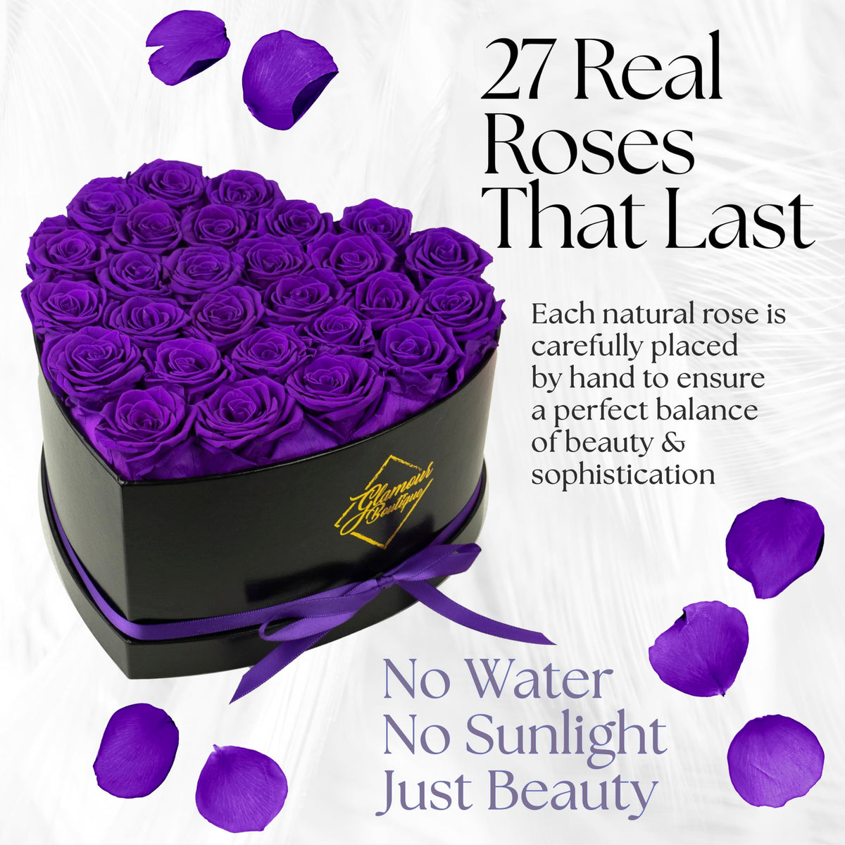 GLAMOUR BOUTIQUE purple preserved roses show vibrant, low-maintenance display.