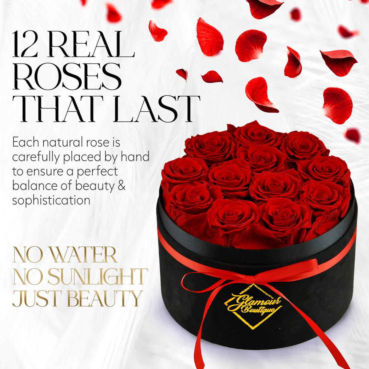 GLAMOUR BOUTIQUE 12 preserved roses in velvet black heart box showcase timeless beauty.