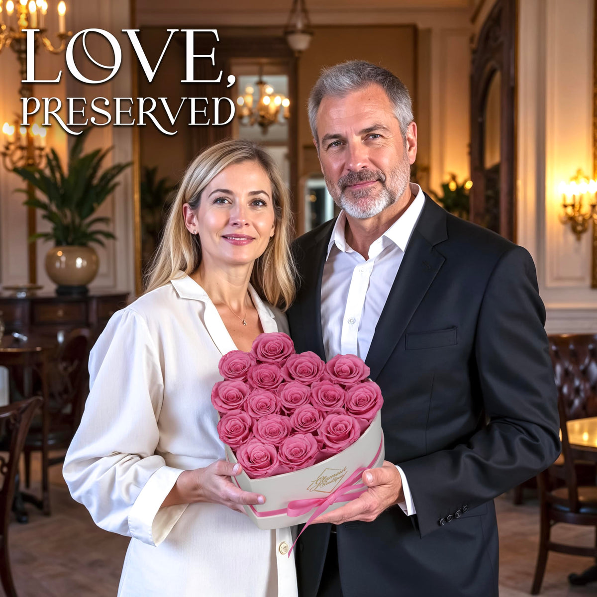 Roses displayed inside the box as a decorative centerpiece.
