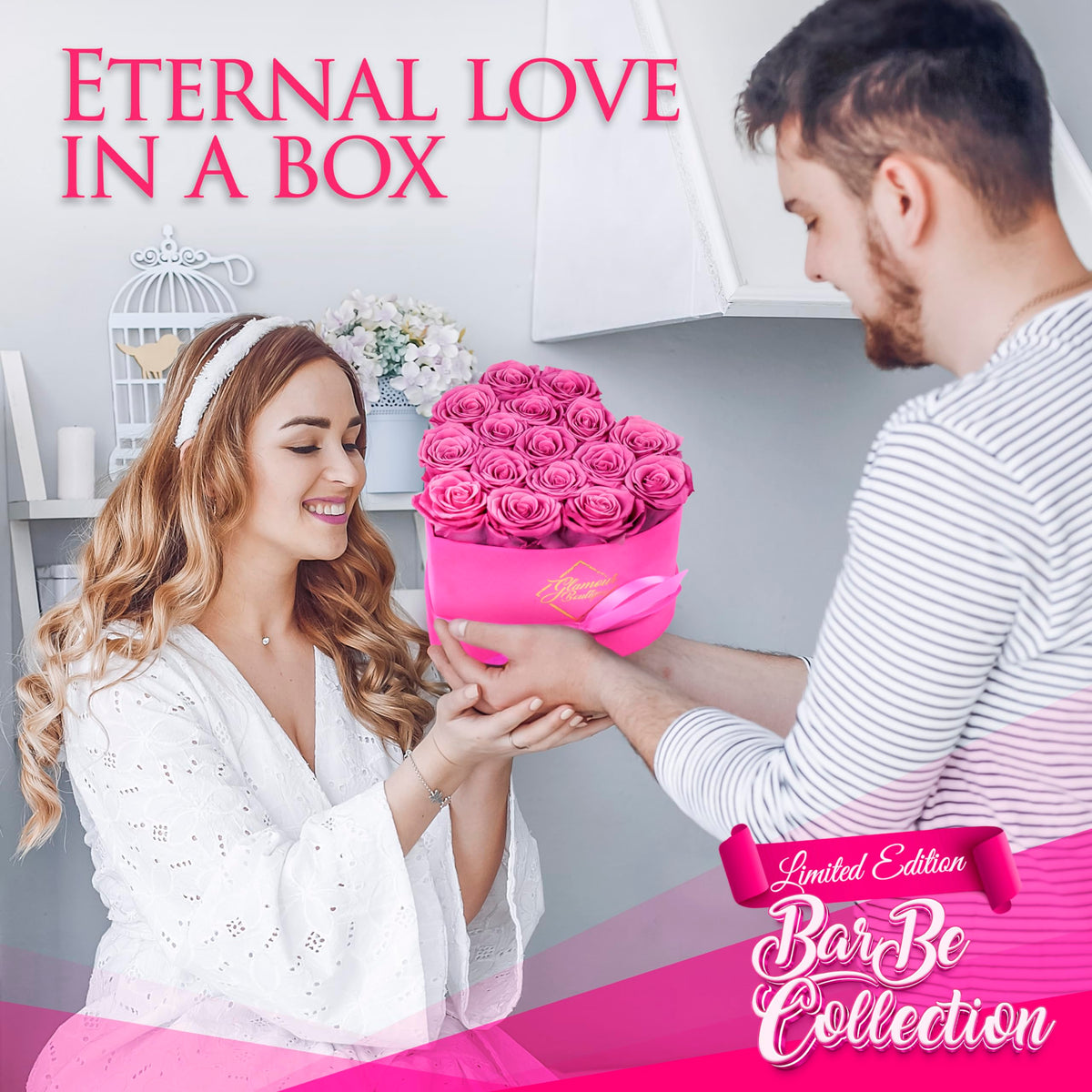 GLAMOUR BOUTIQUE roses inside heart box arranged for display