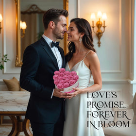 Valentine's gift idea with pink preserved roses in a luxury box.
