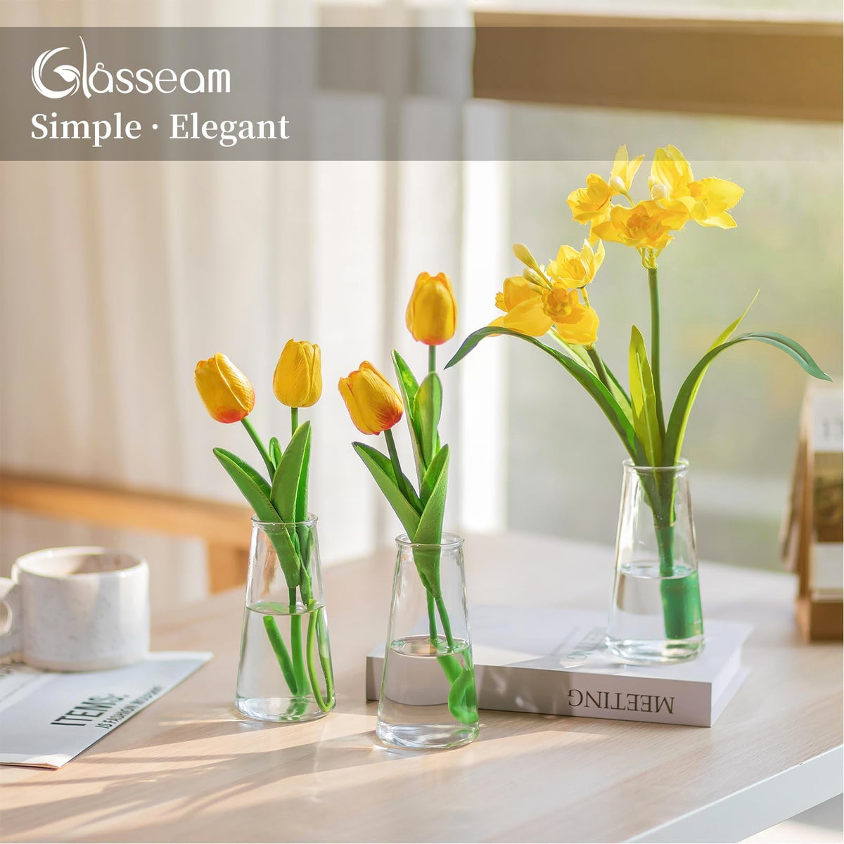 Glasseam small glass vase for tulip stems enhances modern rustic table styling.